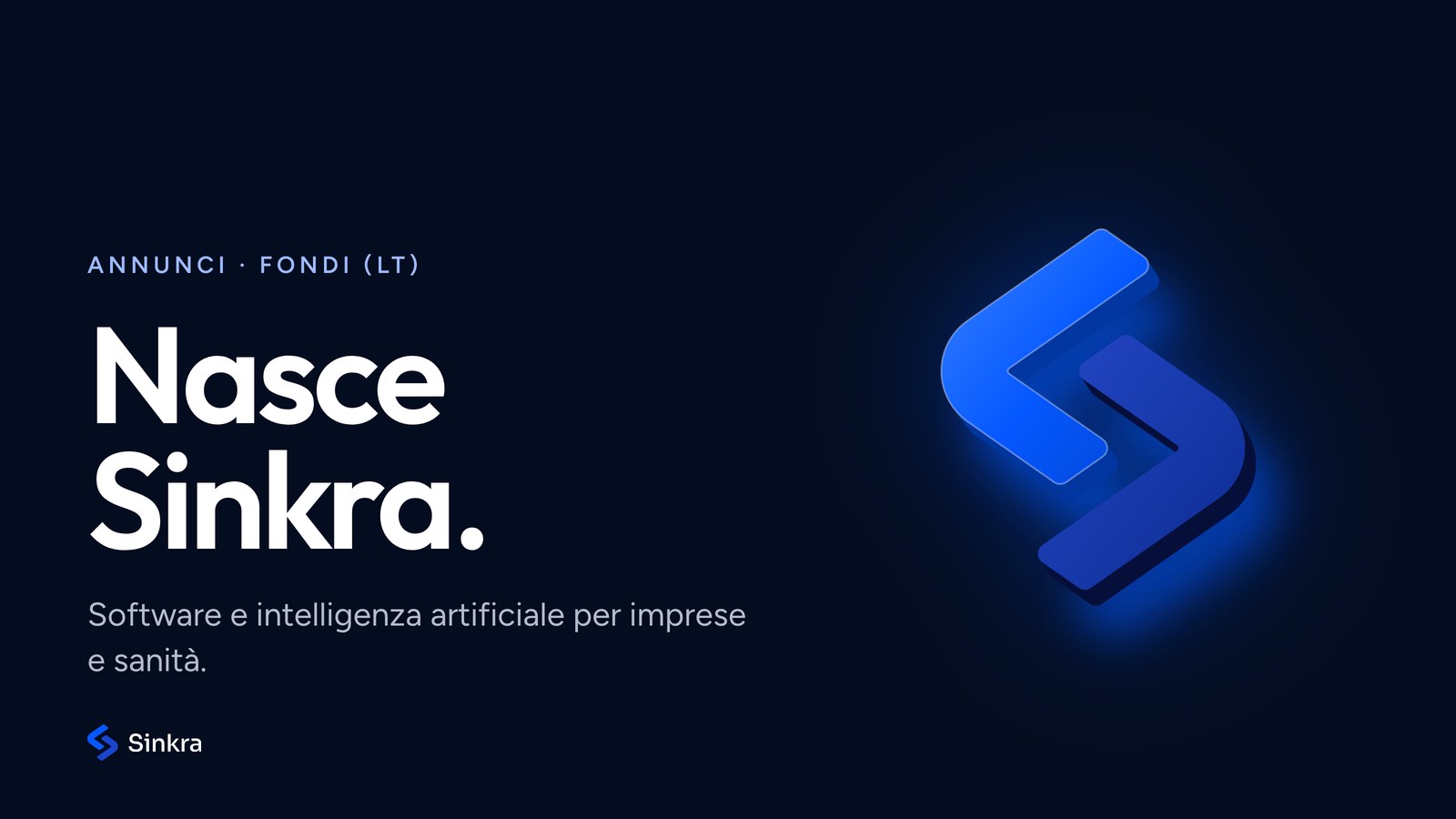 Il marchio Sinkra in tre dimensioni su fondo blu notte, con il titolo Nasce Sinkra
