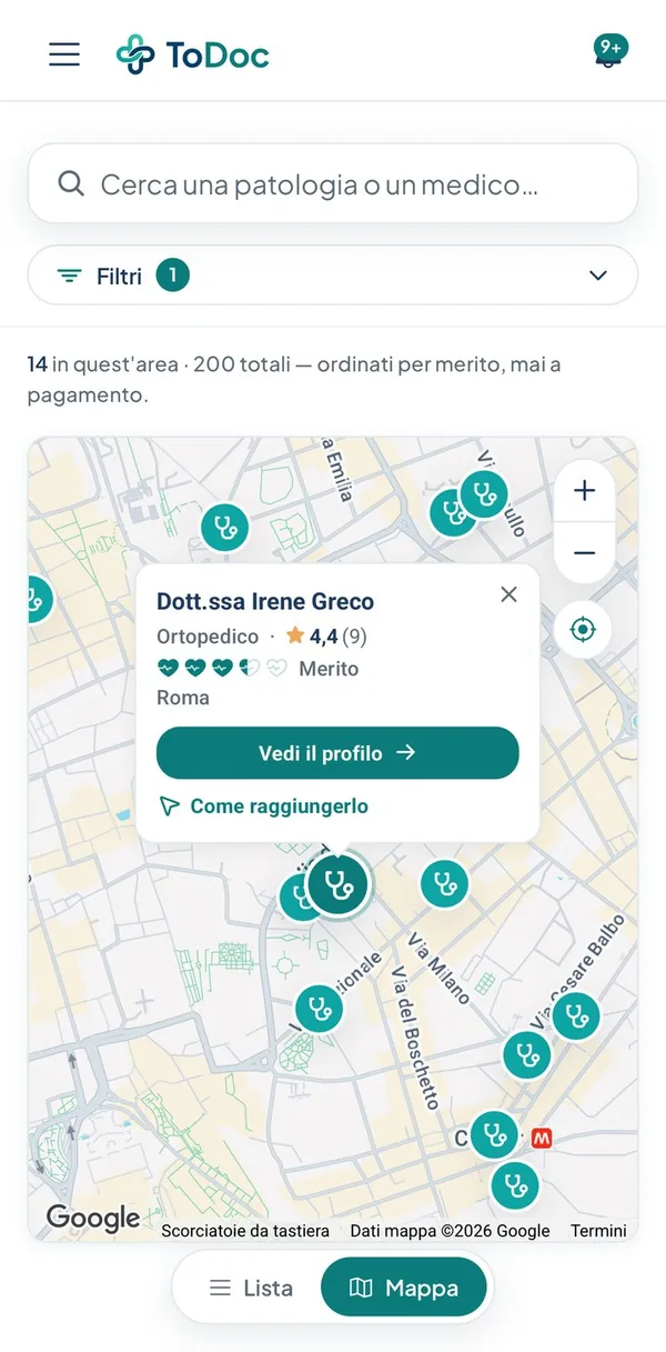 Mappa di ToDoc con gli studi degli specialisti vicini